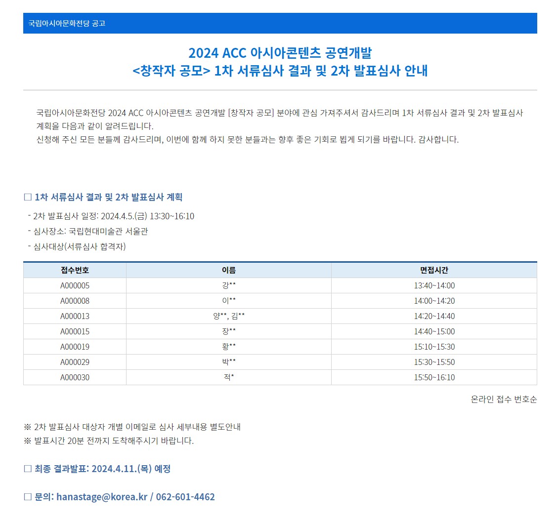 [국립아시아문화전당] 2024 ACC 아시아콘텐츠 창작자 공모 서류심사 결과 발표