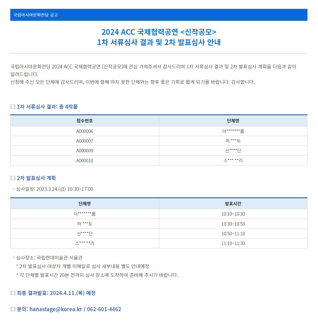 [국립아시아문화전당] 2024 ACC 국제협력공연 신작공모 서류심사 결과 발표