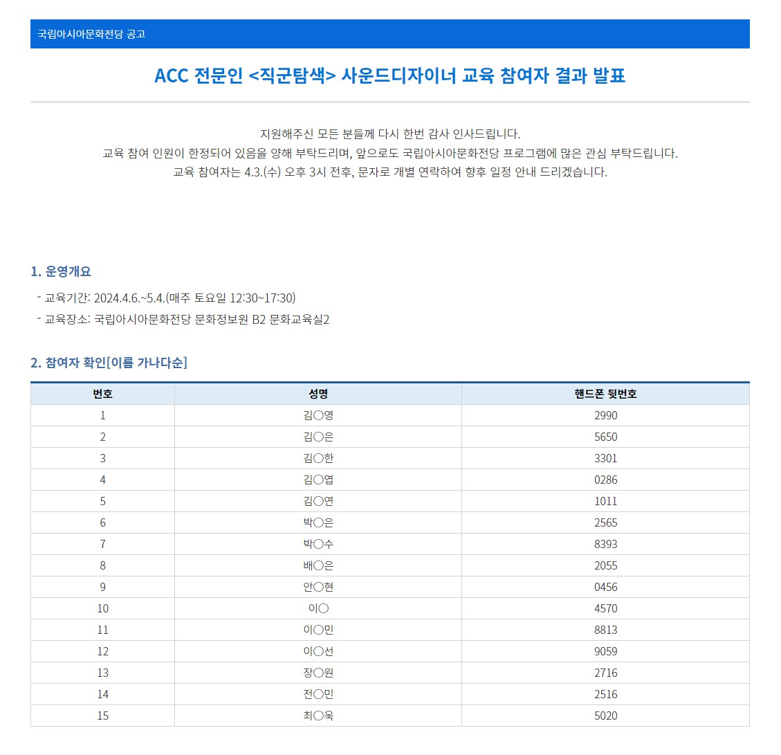 [국립아시아문화전당] ACC 전문인  사운드디자이너 교육 참여자 결과 발표