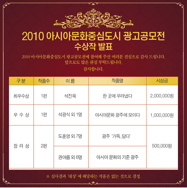 2010 아시아문화중심도시 광고공모전 수상작 발표